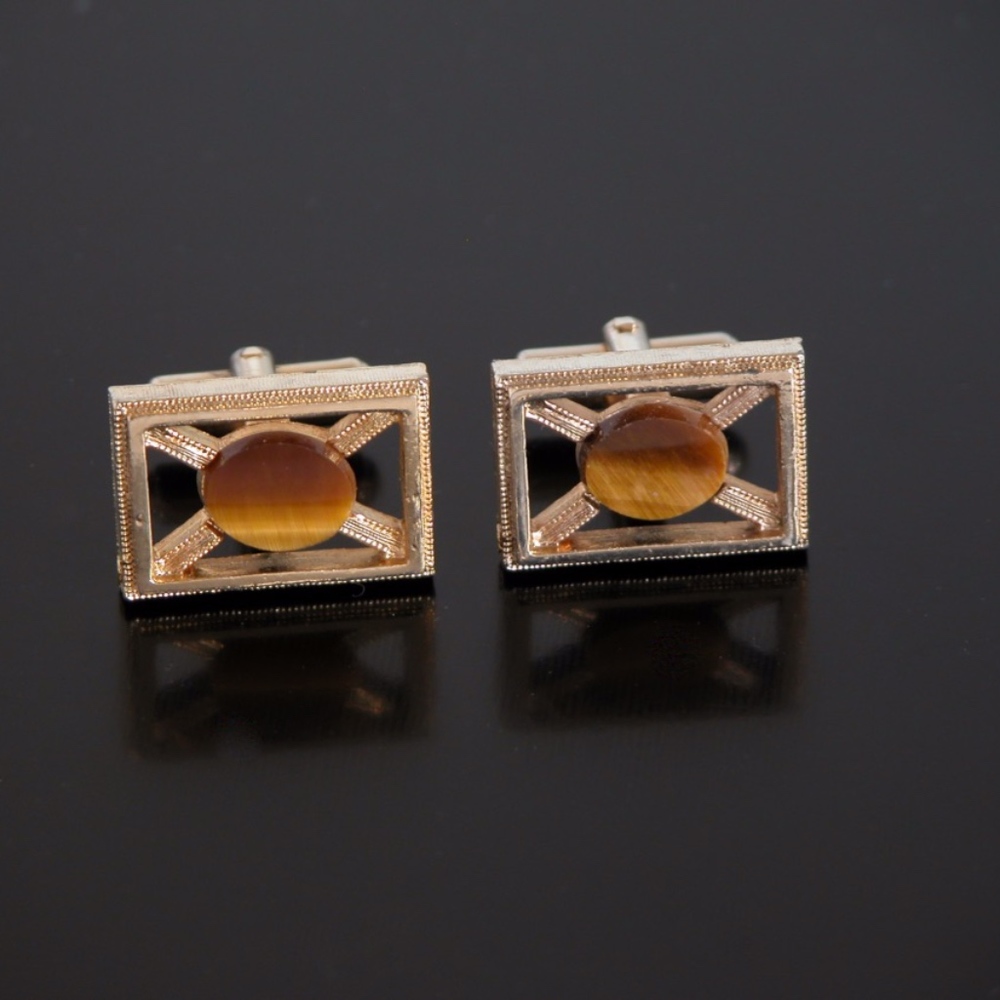 Vtg Modern Tiger's Eye Stone Cufflinks Gold Tone